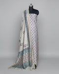 Block print unstitched suit in beige, red and grey – Munga silk Indian handloom