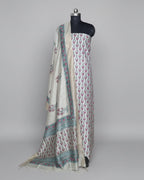Block print unstitched suit in beige, red and grey – Munga silk Indian handloom