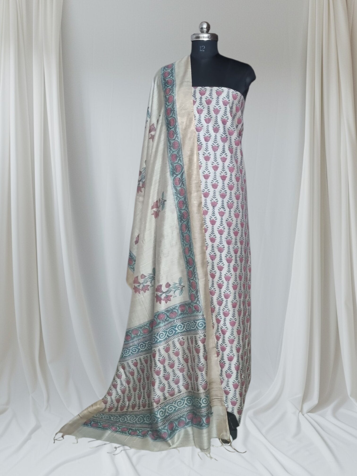 Block print Monga silk unstitched suit set – beige, red, grey Indian ethnic wear