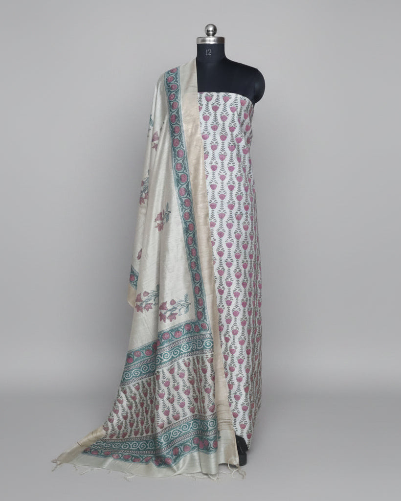Block print unstitched suit in beige, red and grey – Munga silk Indian handloom