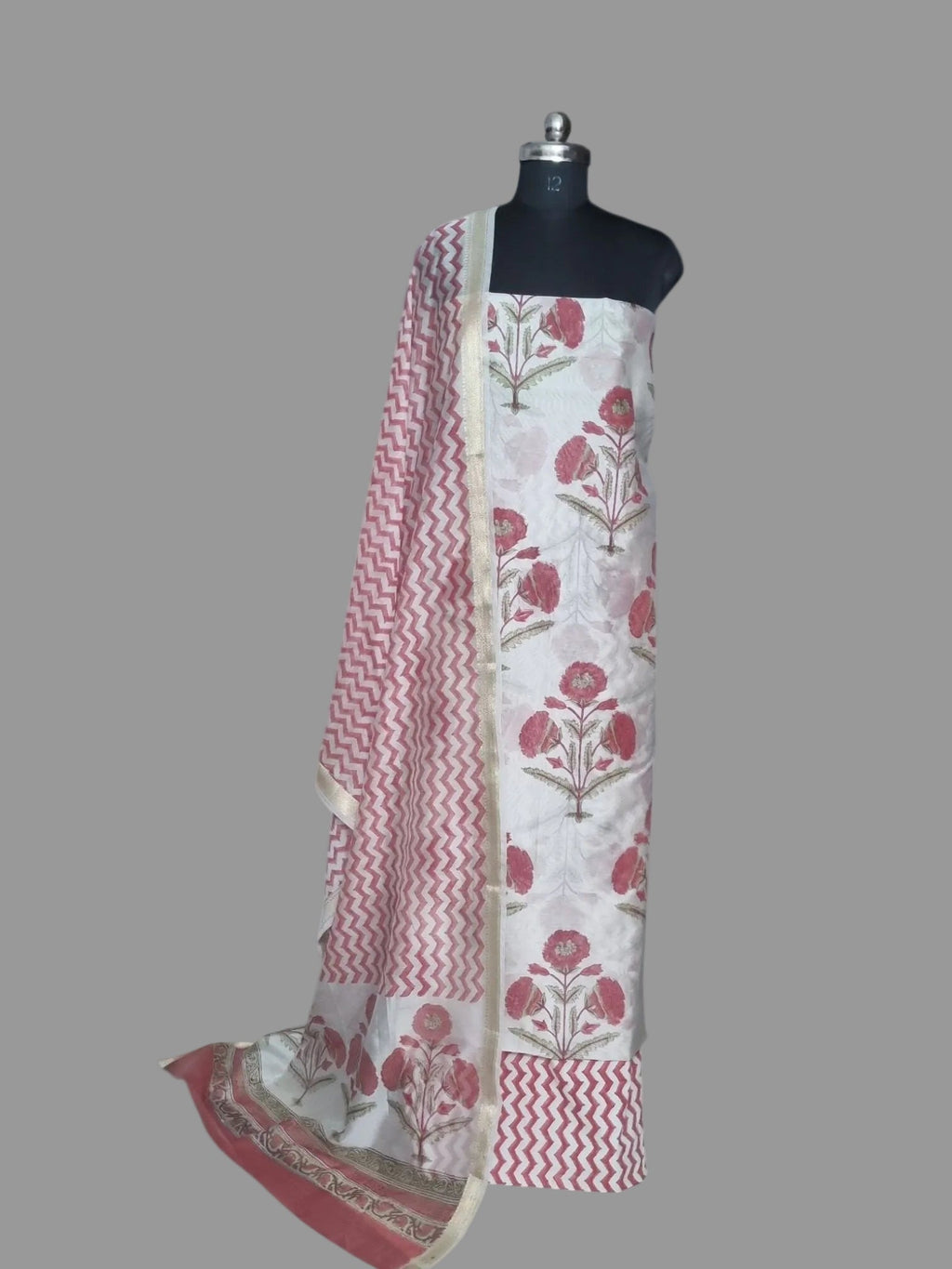 Mughal Block Print Cotton Unstitched Suit – White & Red with Chanderi Silk Dupatta