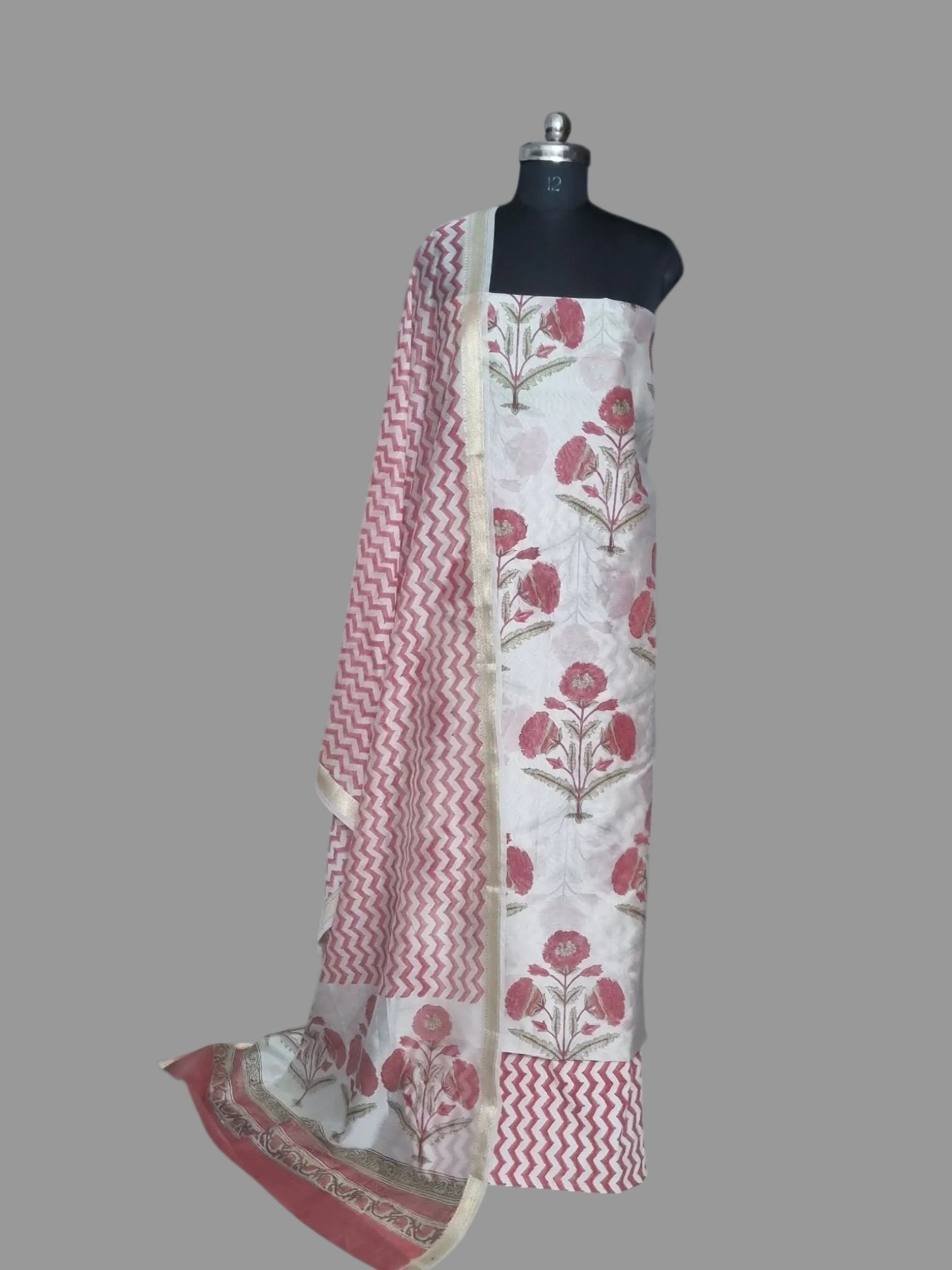 Mughal Block Print Cotton Unstitched Suit – White & Red with Chanderi Silk Dupatta