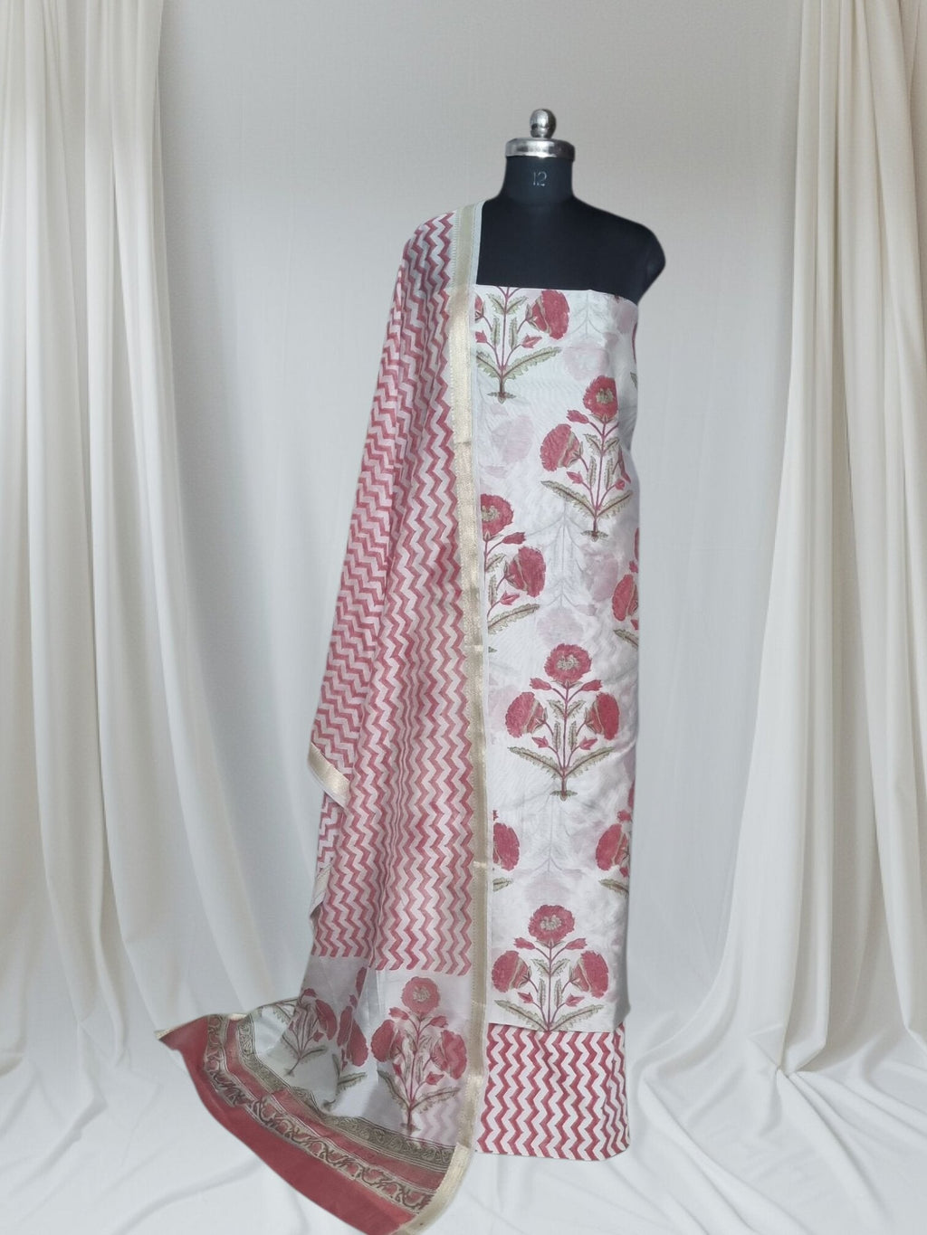 Mughal Print Unstitched Salwar Suit – White Red Cotton with Gold Zari Dupatta
