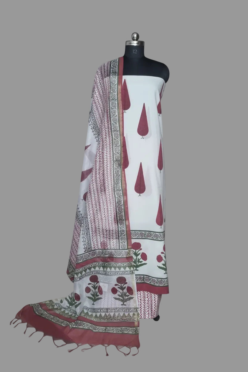 Placement block print cotton unstitched suit with Chanderi silk dupatta – white background front view