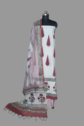 Placement block print cotton unstitched suit with Chanderi silk dupatta – white background front view