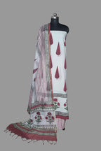 Placement block print cotton unstitched suit with Chanderi silk dupatta – white background front view