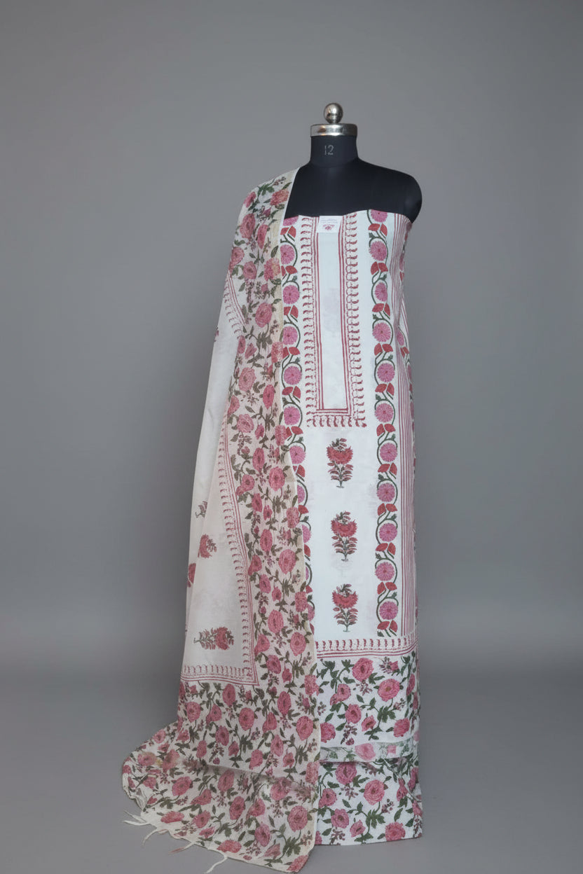 Placement floral block print cotton unstitched suit with Chanderi silk dupatta – front view