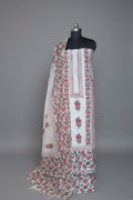 Placement floral block print cotton unstitched suit with Chanderi silk dupatta – front view