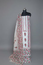 Placement floral block print cotton unstitched suit with Chanderi silk dupatta – front view