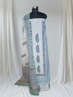 Placement block print unstitched suit – Front angle