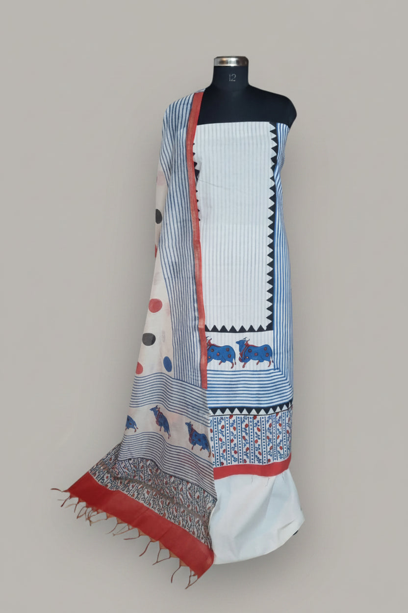Placement Pichwai block print cotton unstitched suit with Chanderi silk dupatta – front view