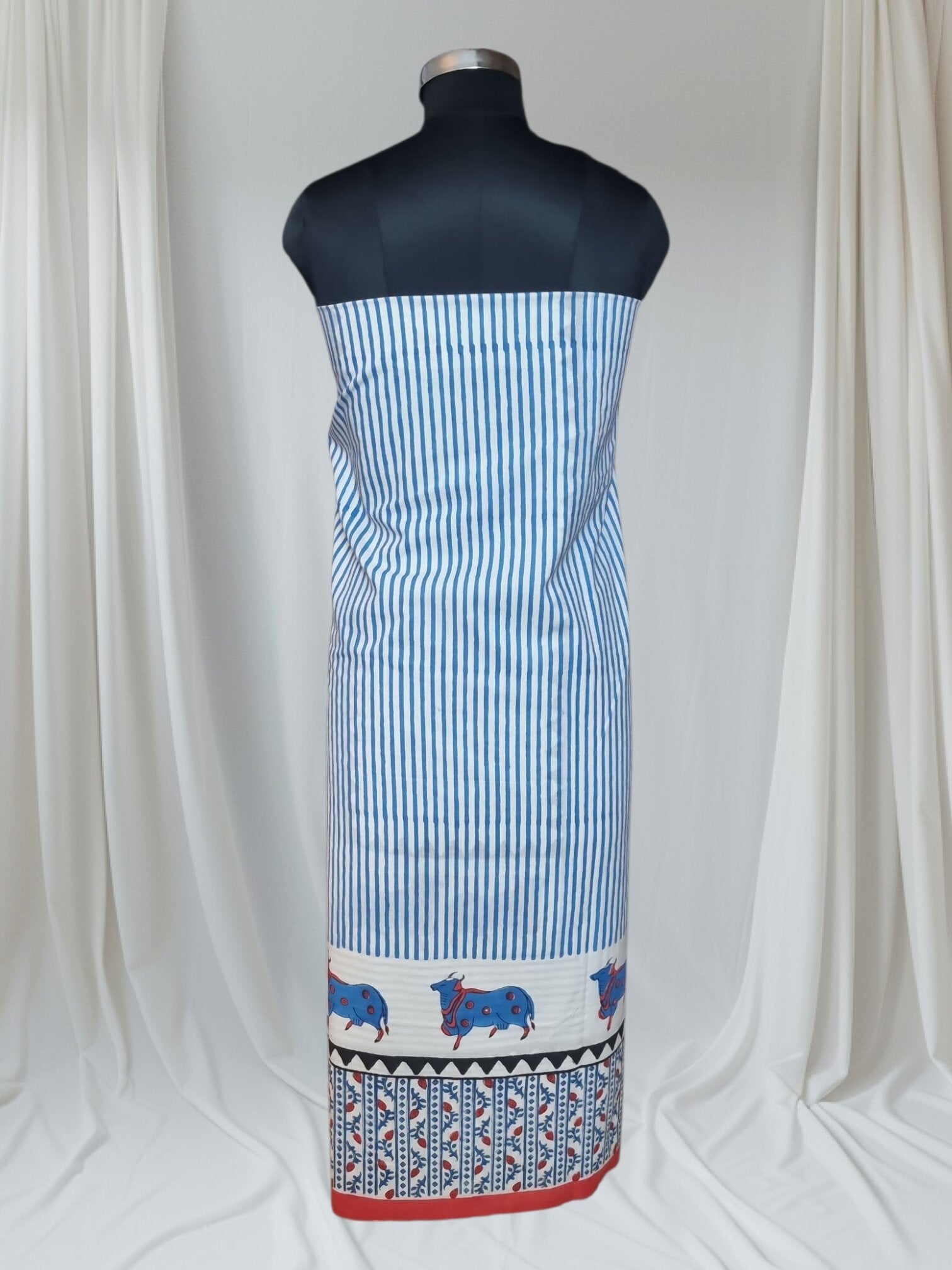 Pichwai block print Back side unstitched suit – white background product shot