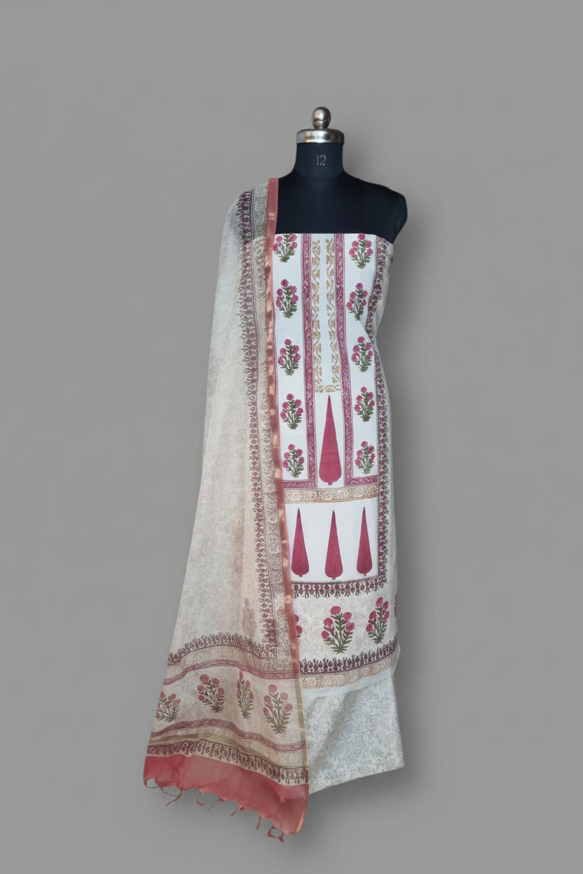 Placement floral block print cotton unstitched suit with Chanderi silk dupatta – white background front view