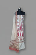 Placement floral block print cotton unstitched suit with Chanderi silk dupatta – white background front view