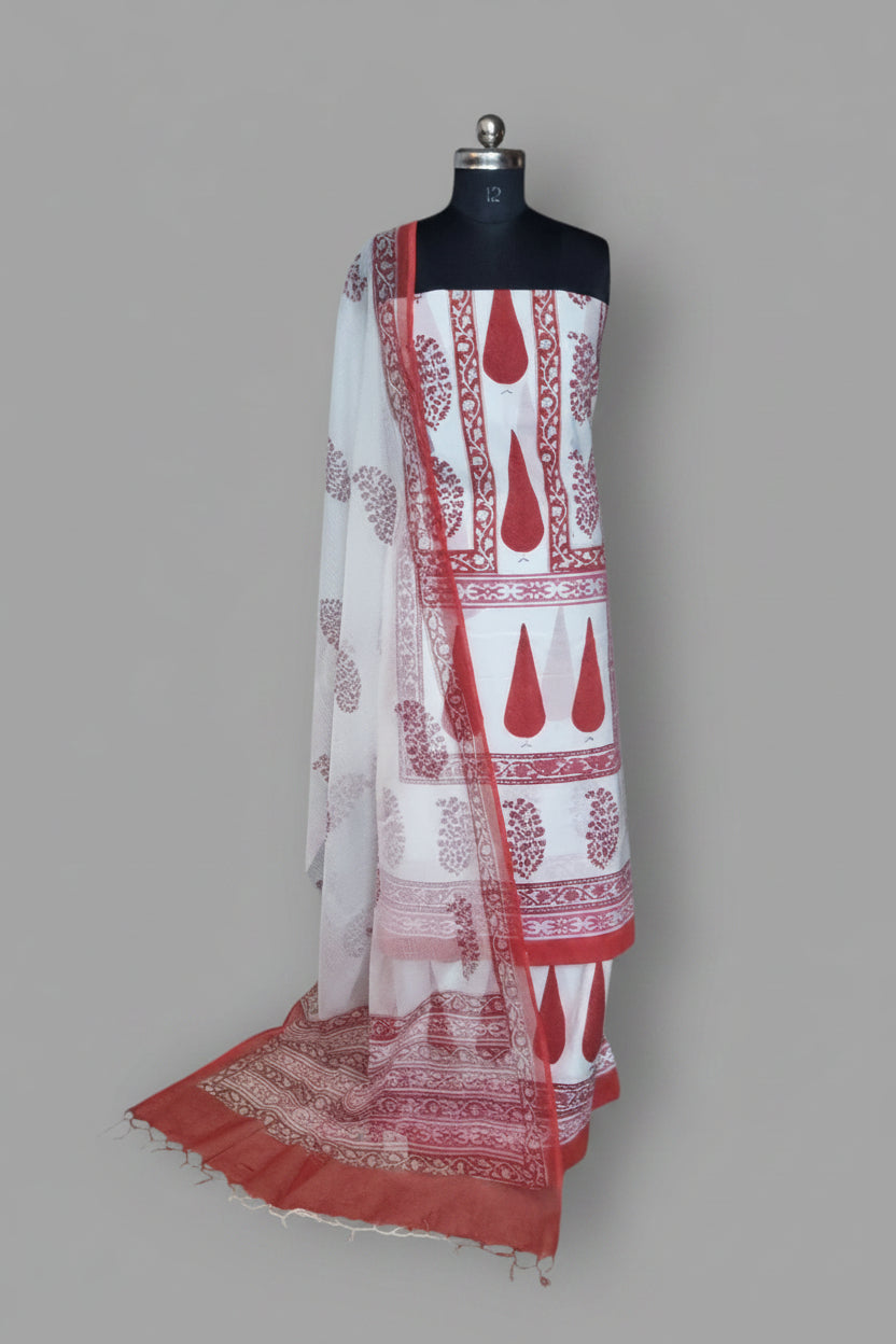 White and red Indian handloom 3-piece unstitched suit in block print cotton – full set view