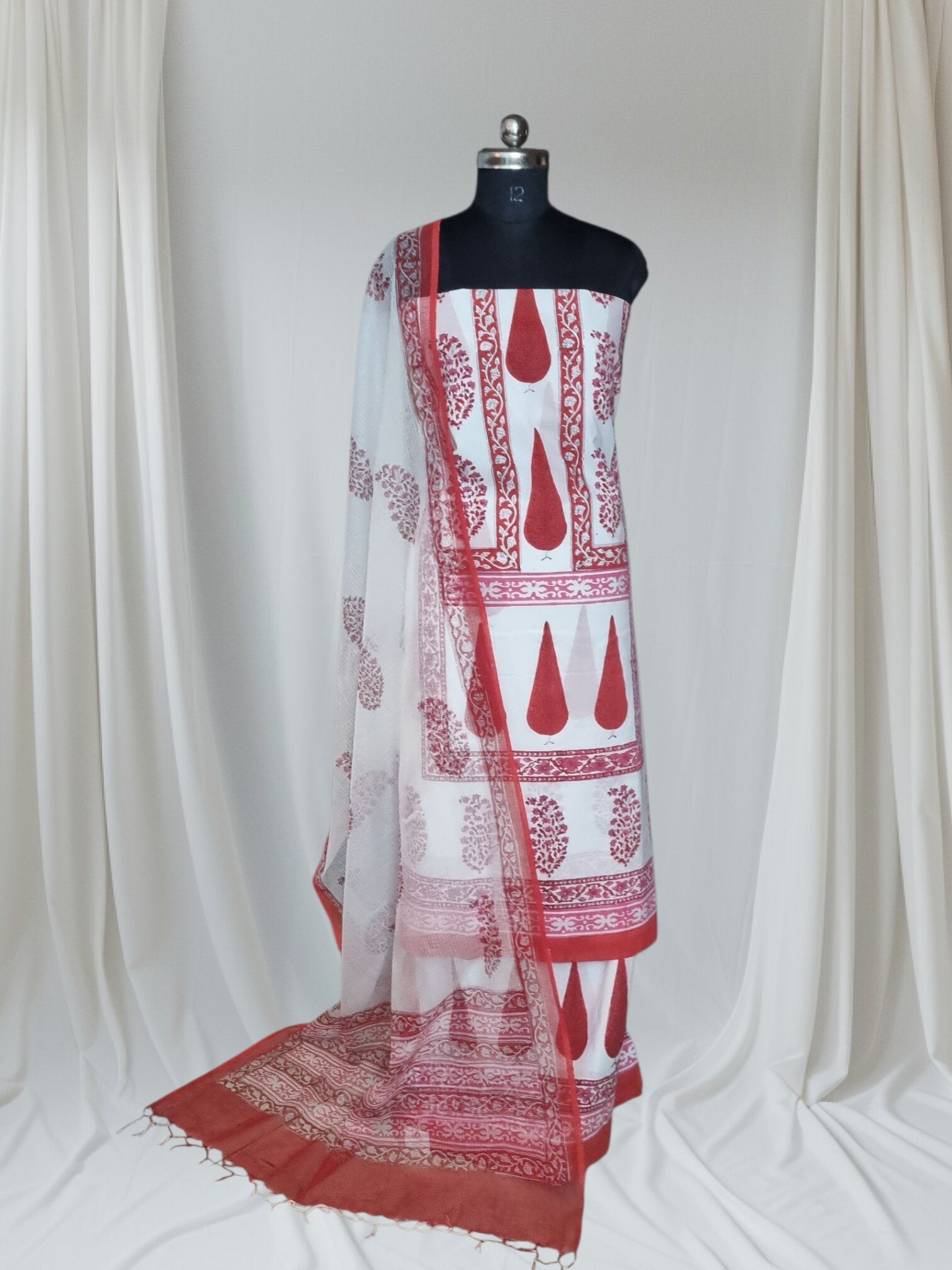 White and red Indian handloom block print 3-piece suit – alternate angle