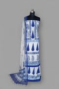 White and blue Indian handloom 3-piece unstitched suit in block print cotton – full set view