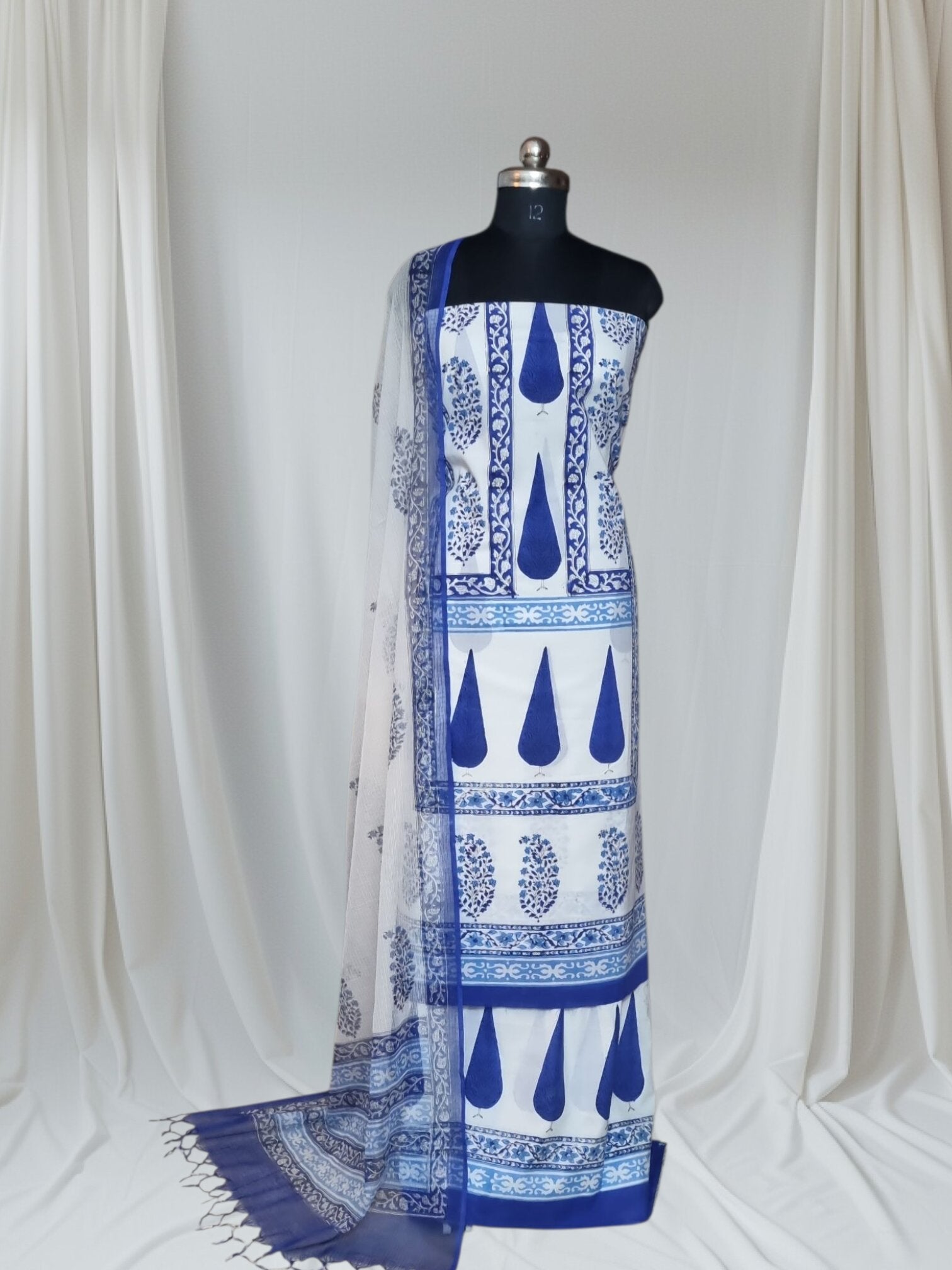 Handloom blue block print cotton suit with Kota Doria dupatta – product front view
