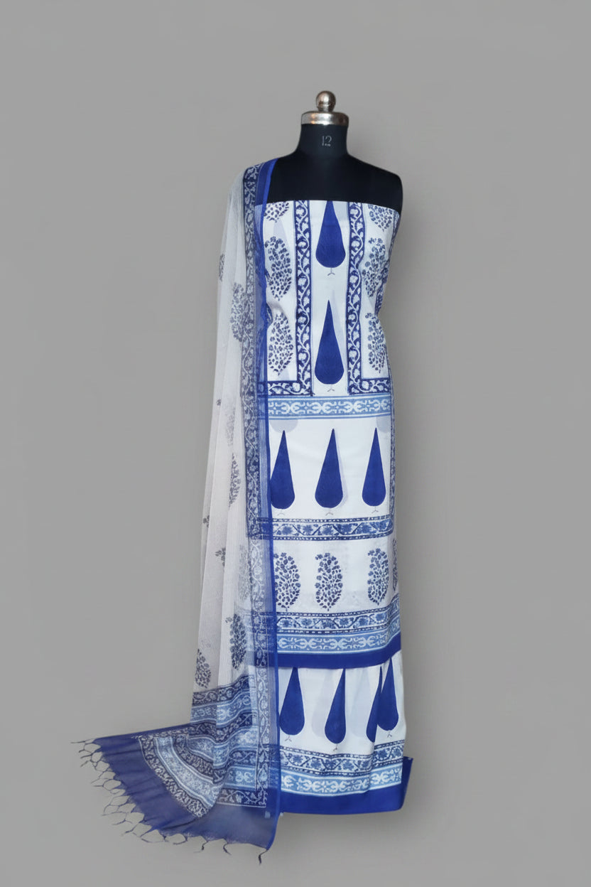 White and blue Indian handloom 3-piece unstitched suit in block print cotton – full set view