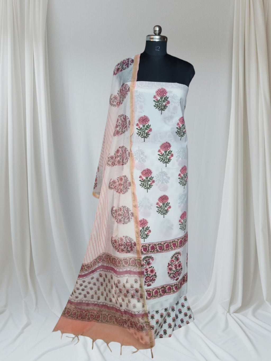 Placement Block Print Cotton 3-Piece Unstitched Suit | Chanderi Silk Dupatta | Indian Handloom