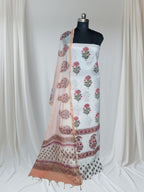 Placement Block Print Cotton 3-Piece Unstitched Suit | Chanderi Silk Dupatta | Indian Handloom