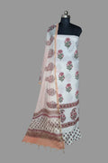 Placement block print cotton 3-piece unstitched suit with Chanderi silk dupatta – complete view