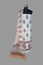 Placement block print cotton 3-piece unstitched suit with Chanderi silk dupatta – complete view