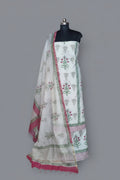 Placement block print cotton unstitched suit with Chanderi silk dupatta – front view