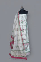 Placement block print cotton unstitched suit with Chanderi silk dupatta – front view