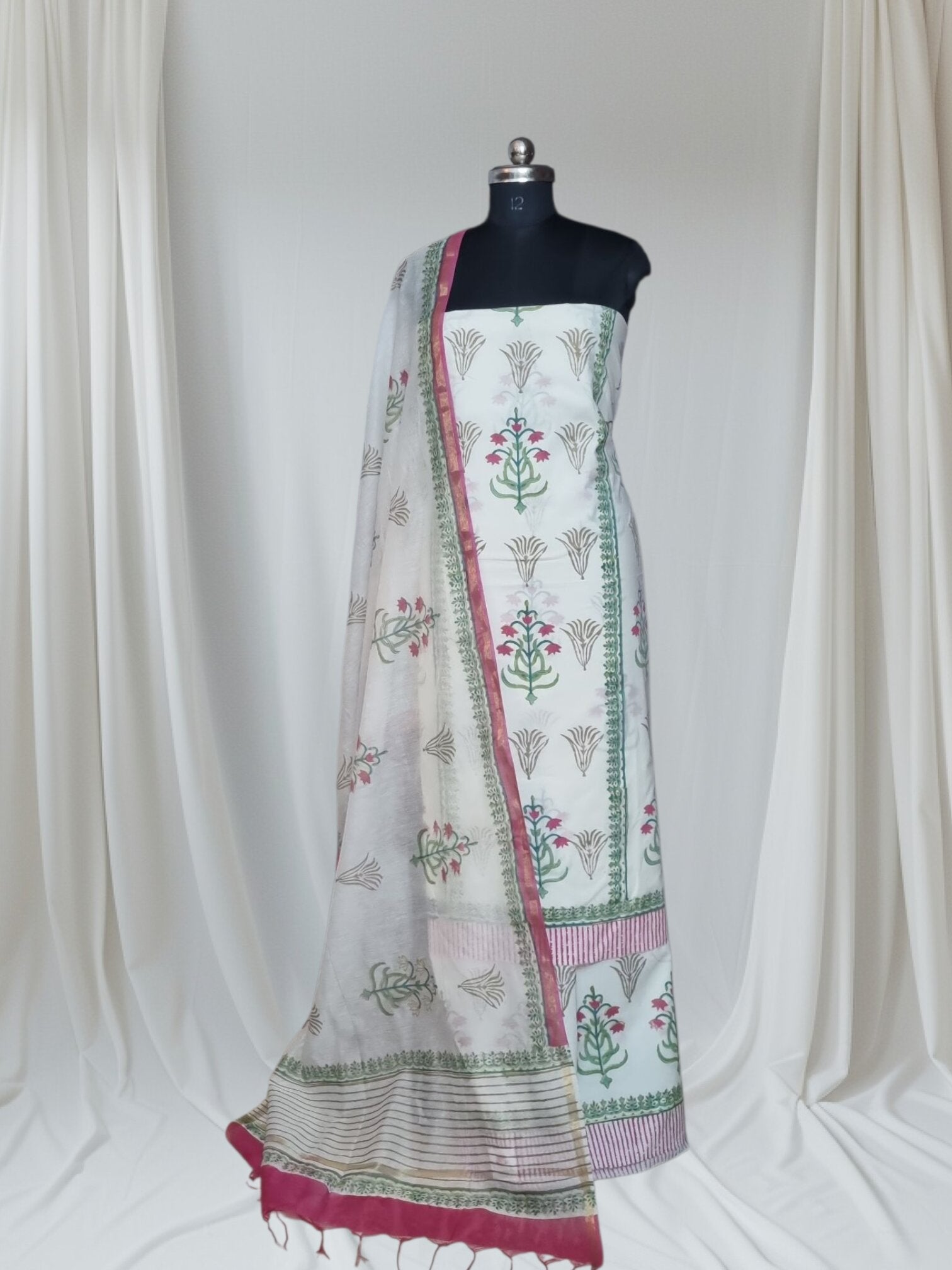 Placement block print unstitched suit – Front angle