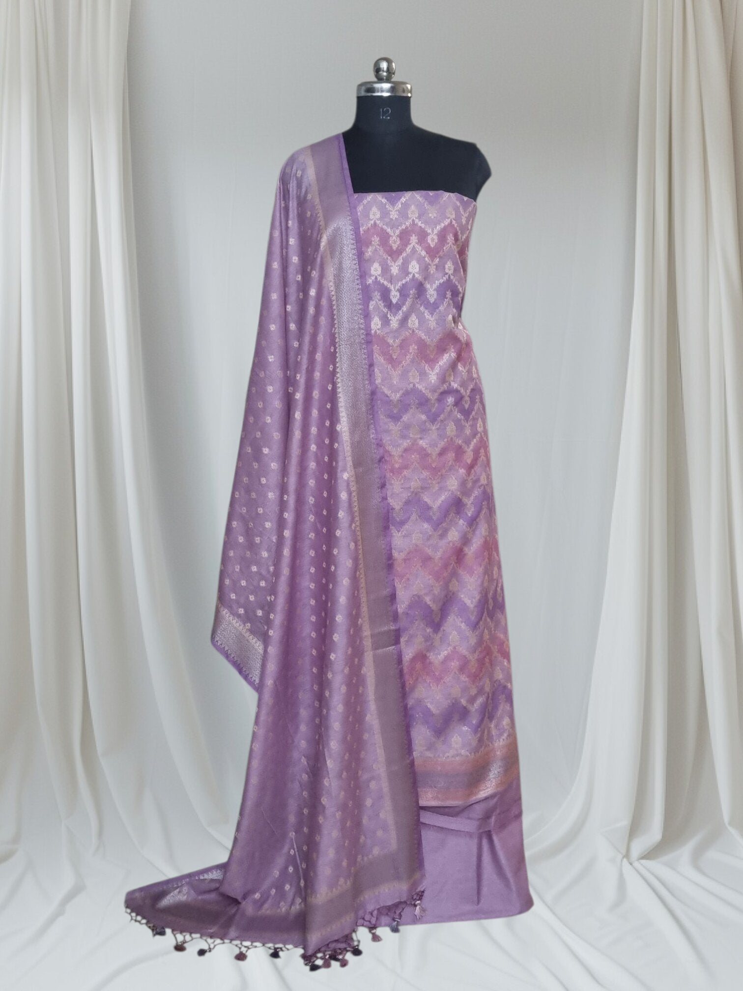 Indian handloom purple Banarasi Chanderi silk 3-piece unstitched suit set