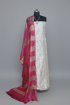 Cream and pink Banarasi 2-piece unstitched suit with hand-woven Indian handloom fabric