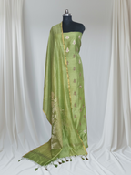Handwoven Banarasi Karwa Booti 3-piece unstitched suit in elaichi green — dupatta and fabric detail