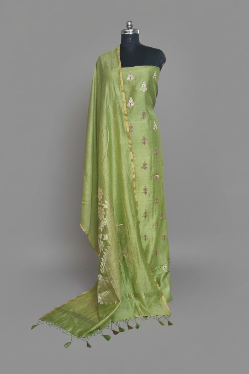 Elaichi green Banarasi unstitched suit with Karwa Booti weave — handwoven Indian handloom 3-piece set