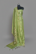 Elaichi green Banarasi unstitched suit with Karwa Booti weave — handwoven Indian handloom 3-piece set