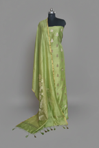 Elaichi green Banarasi unstitched suit with Karwa Booti weave — handwoven Indian handloom 3-piece set