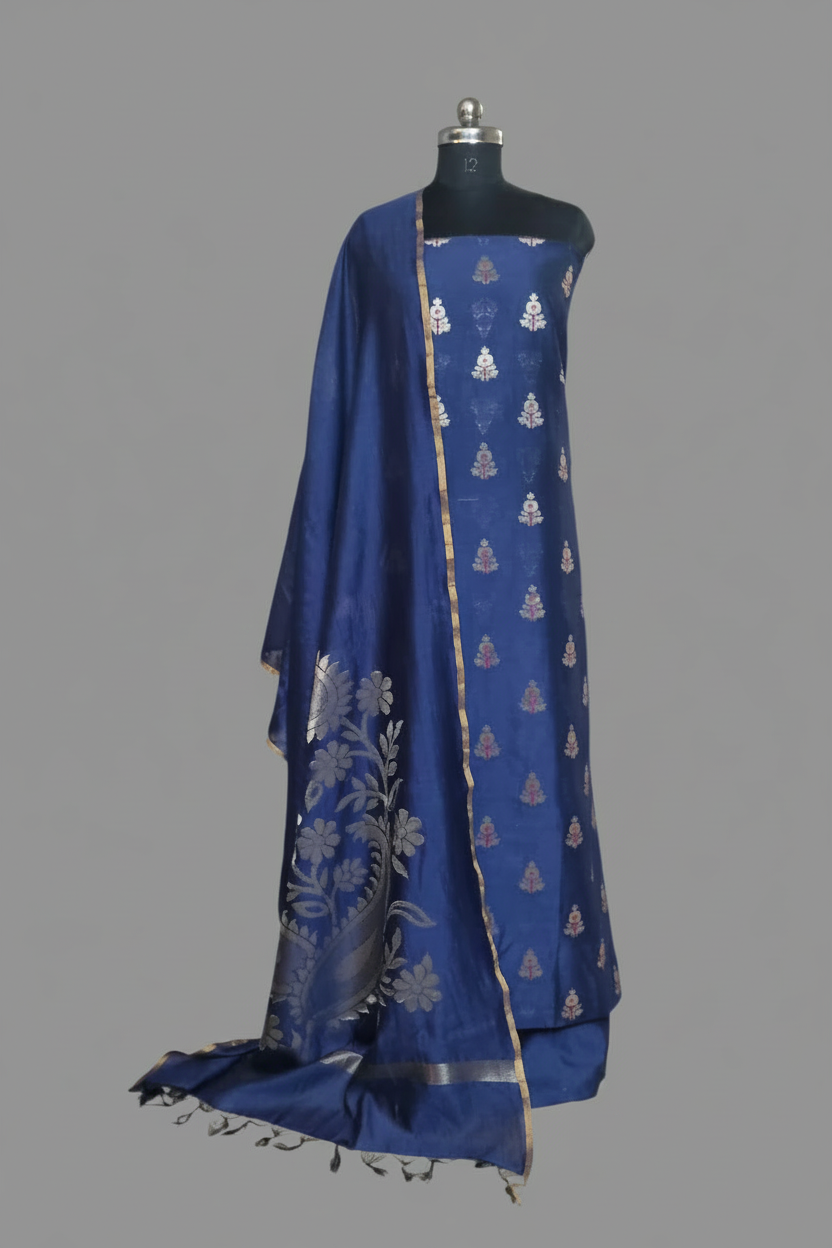 Blue Banarasi 3-piece unstitched suit with Karwa Booti motif – Indian handloom
