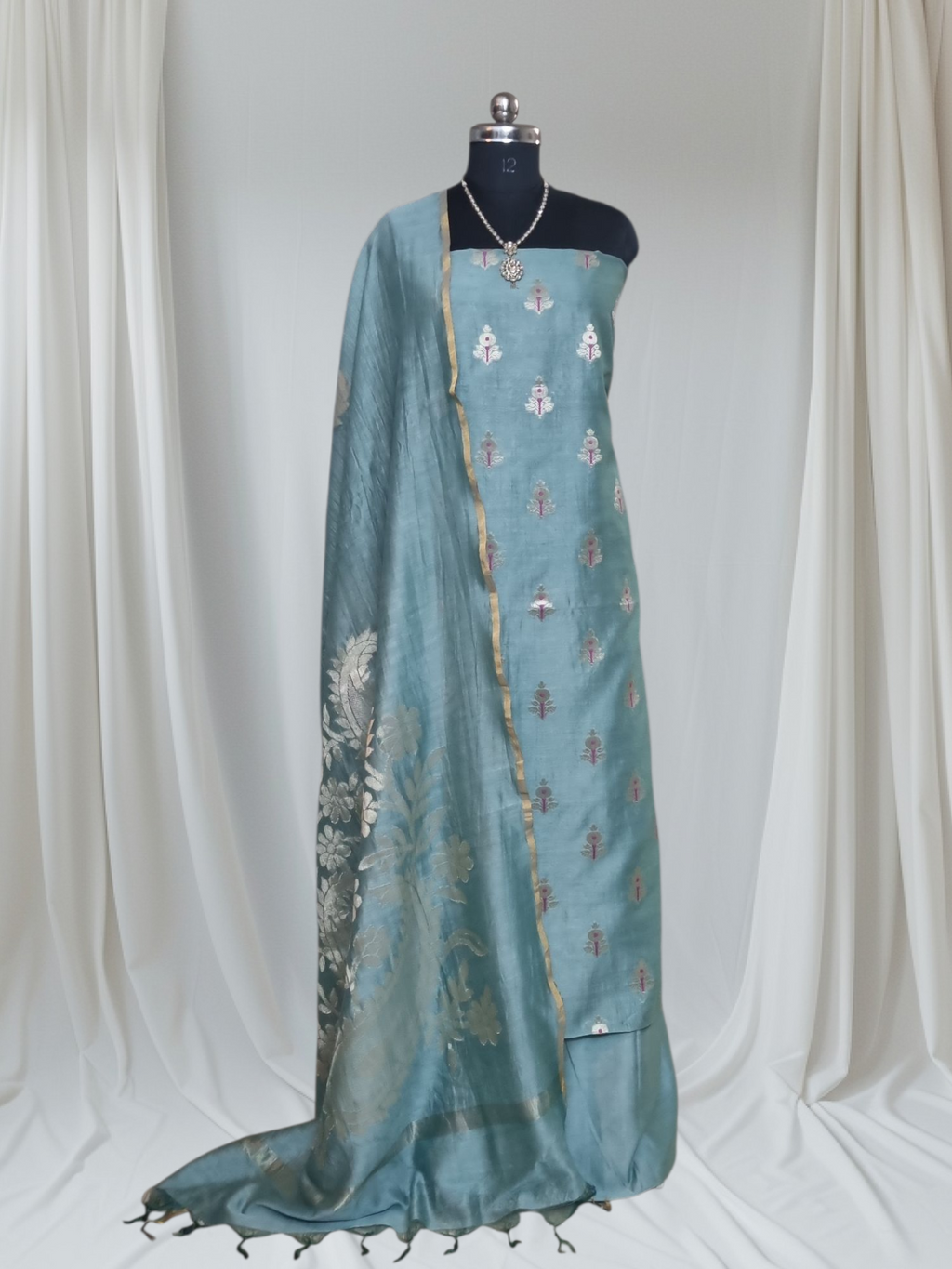 Sea green handloom Banarasi 3-piece suit with Karwa Booti pattern — festival and ceremonial wear