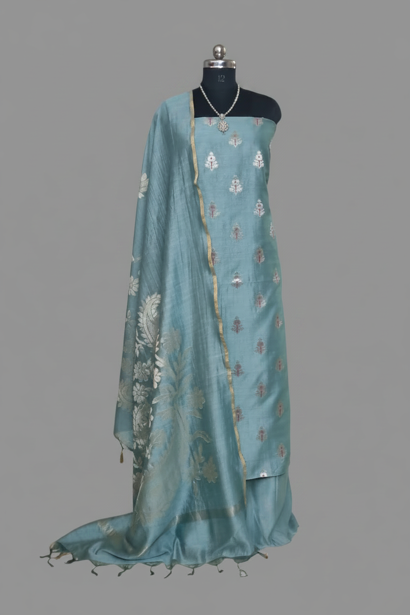 Sea green Banarasi unstitched suit with Karwa Booti weave — handwoven Indian handloom 3-piece set
