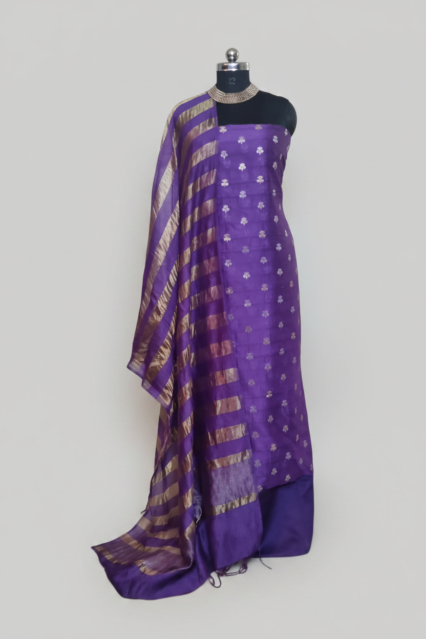 Purple Banarasi Karwa Booti unstitched suit set – handwoven Indian handloom fabric