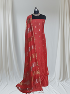 Orange-red Banarasi handwoven 3-piece unstitched suit – festive wear