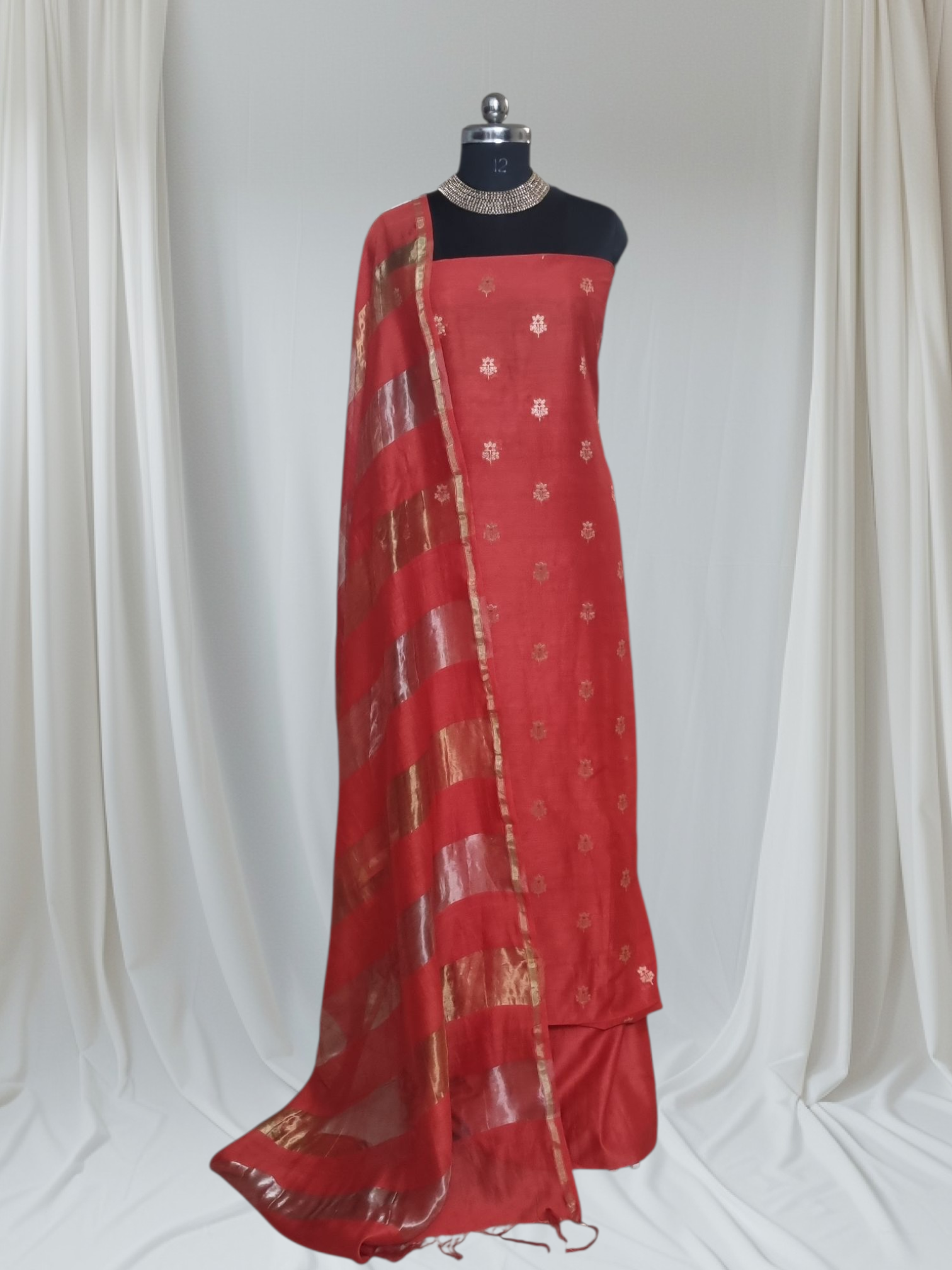 Orange-red Banarasi handwoven 3-piece unstitched suit – festive wear