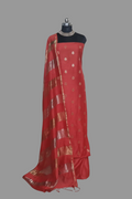 Orange-red Banarasi Karwa Booti unstitched suit set – handwoven Indian handloom fabric