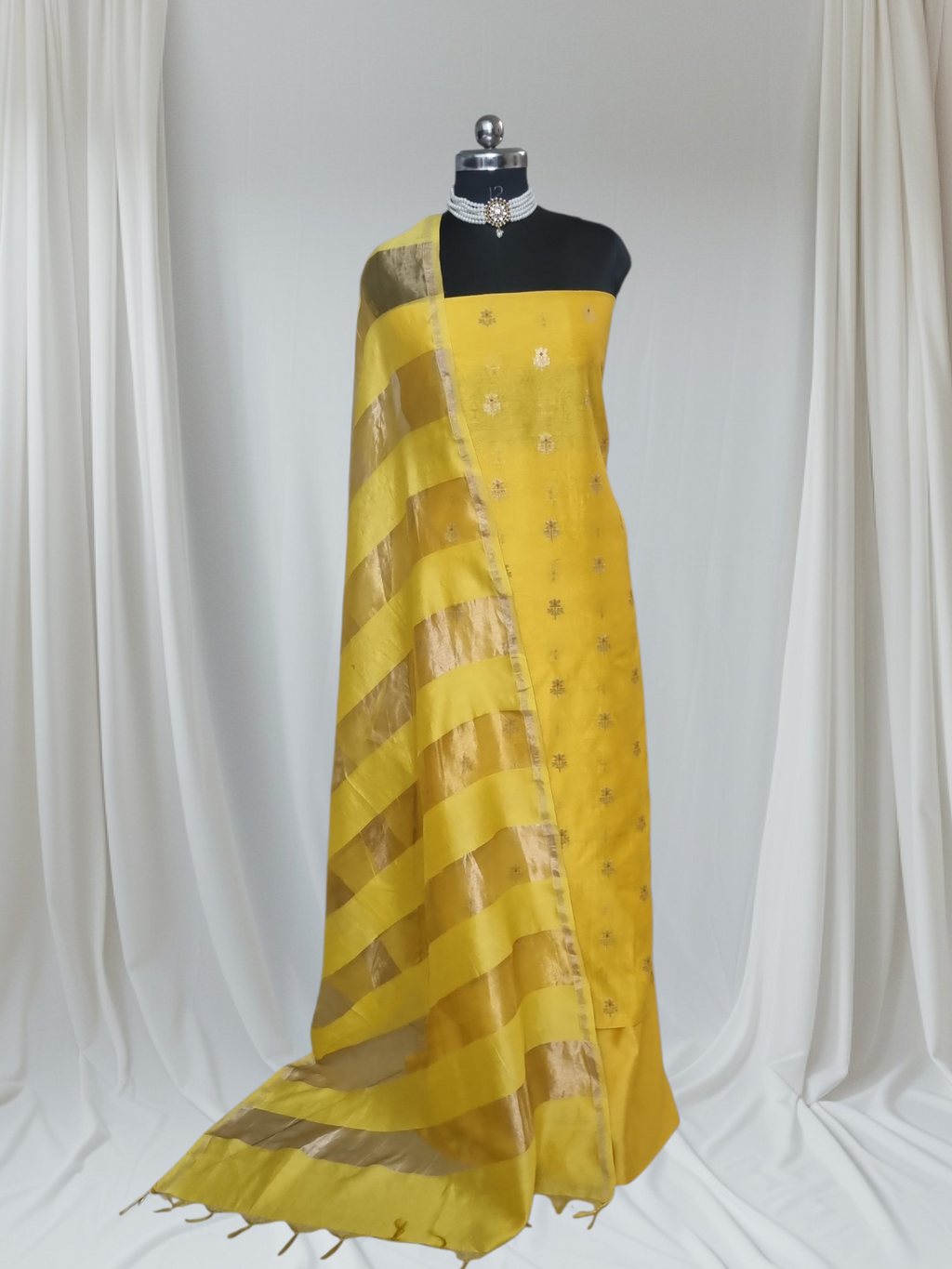 Yellow handloom Banarasi 3-piece suit with Karwa Booti pattern — festival and ceremonial wear