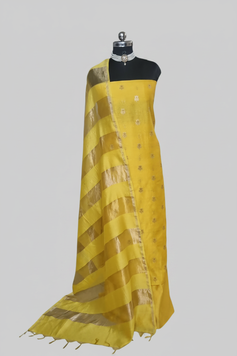 Yellow Banarasi unstitched suit with Karwa Booti weave — handwoven Indian handloom 3-piece set