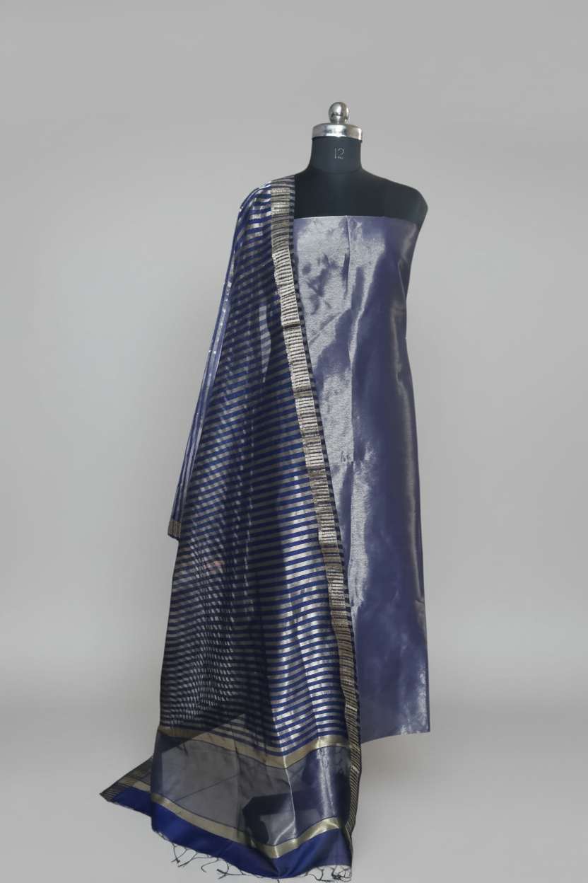 Royal Blue Maheshwari Silk Zari dupatta – sheer silk with gold Zari border, unstitched suit set