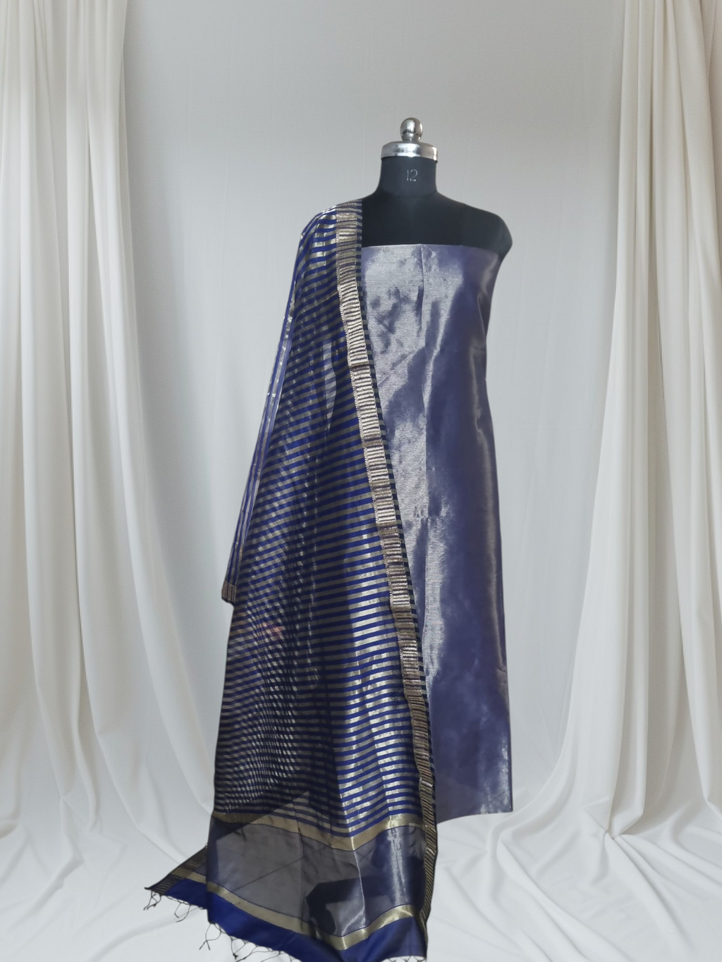 Royal Blue Maheshwari Silk Zari 2-Piece Unstitched Suit Set – Kurta and Dupatta fabric