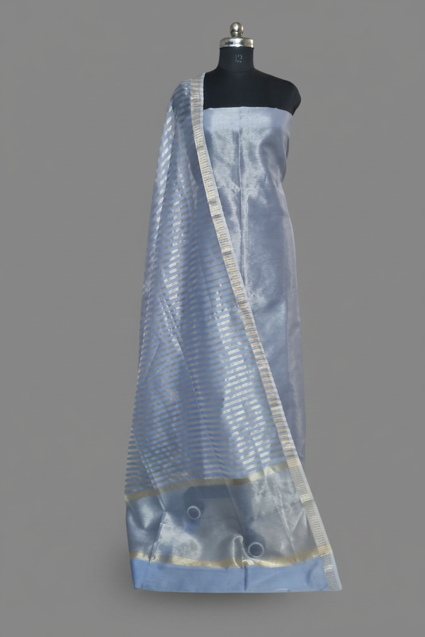 Powder Blue Maheshwari Silk 2-Piece Unstitched Suit with Zari border dupatta – draped view