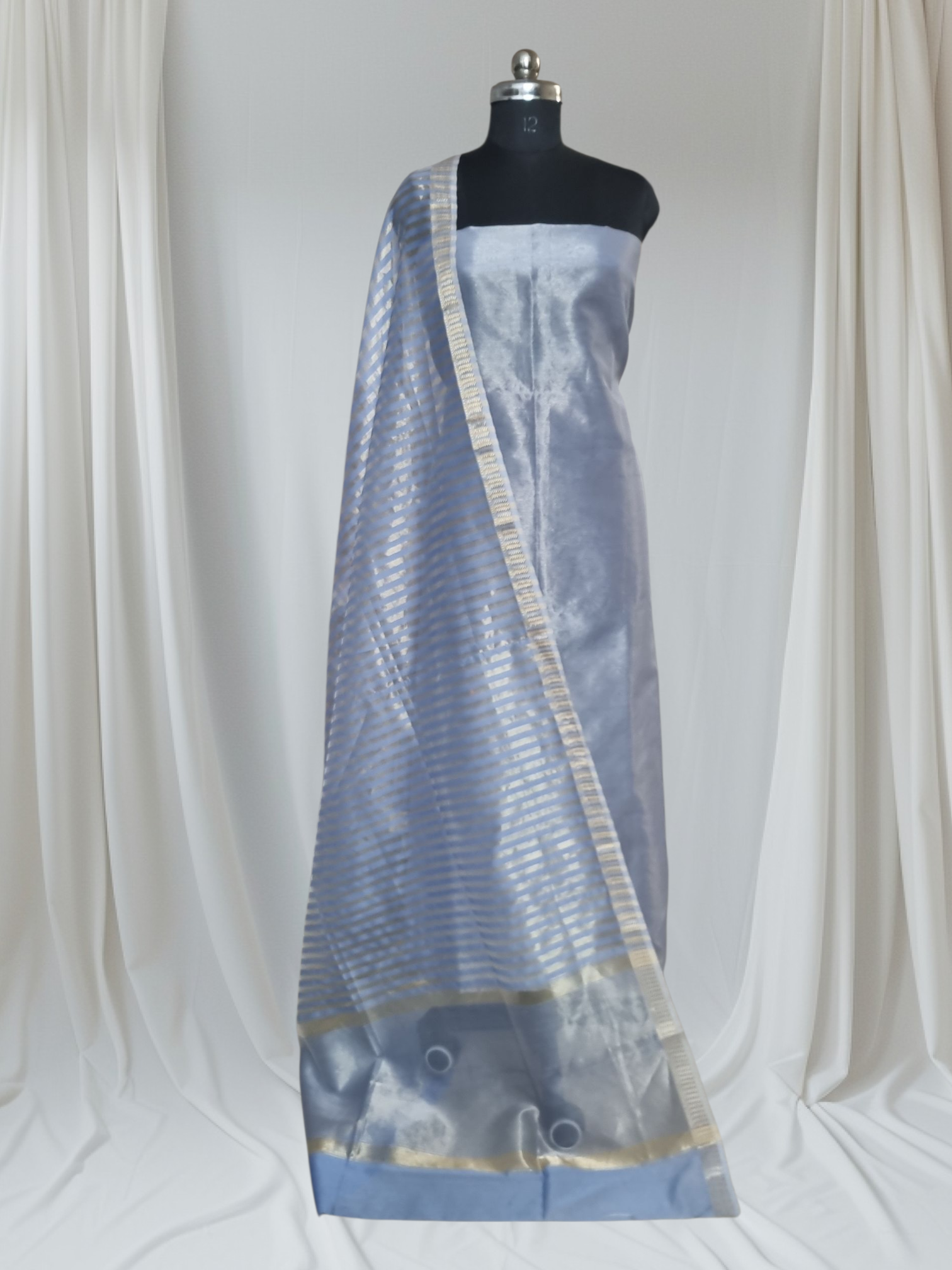 Maheshwari Silk Zari 2-Piece Unstitched Suit Set in Powder Blue – full set view