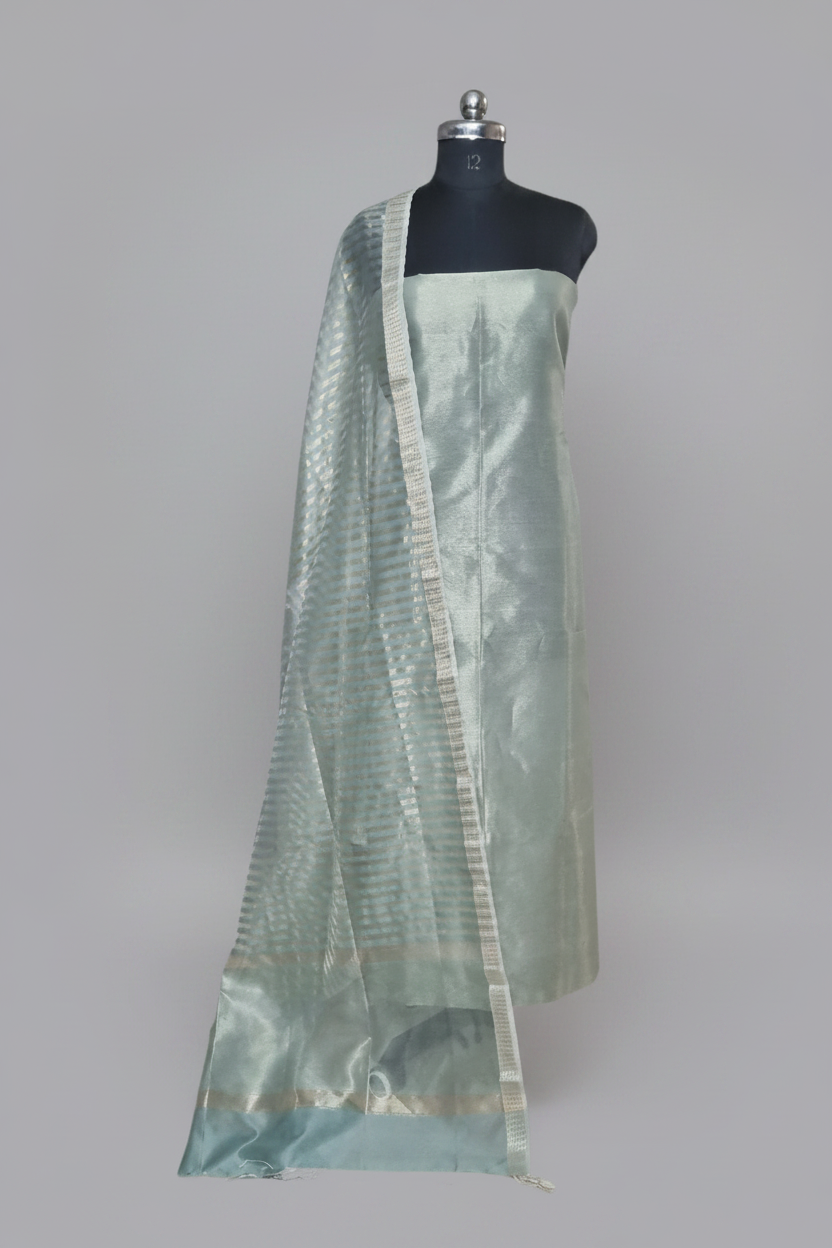 Maheshwari Silk Zari 2-piece unstitched suit set in powder green – Indian handloom ethnic wear by Tantuvanacrafts